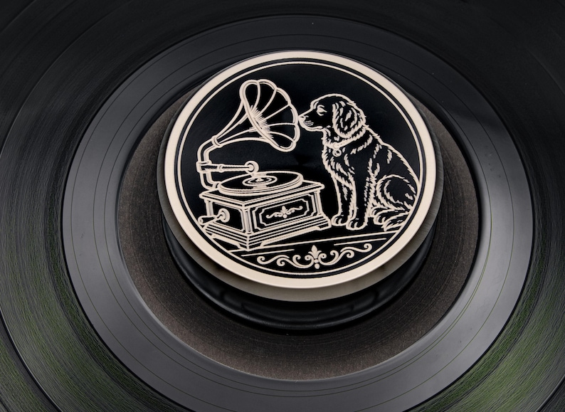 Gear Forever Dog & Gramophone engraved aluminum record weight